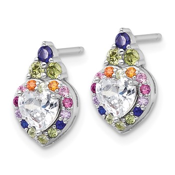 Sterling Silver Rhodium-plated Polished Multi-color Rainbow CZ Heart Halo Post Earrings — alternate view