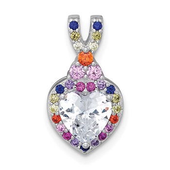 Sterling Silver Rhodium-plated Polished Multi-color Rainbow CZ Heart Halo Chain Slide Pendant