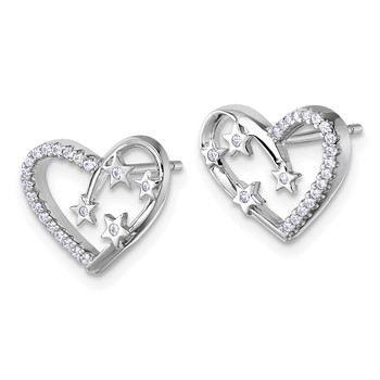 Sterling Silver Rhodium-plated CZ Polished Open Heart with Stars Post Earrings — alternate view