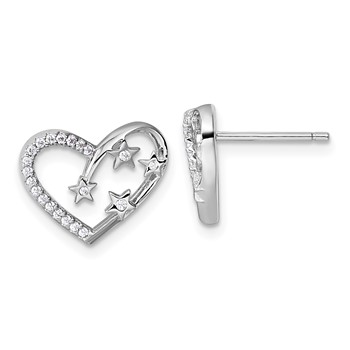 Sterling Silver Rhodium-plated CZ Polished Open Heart with Stars Post Earrings