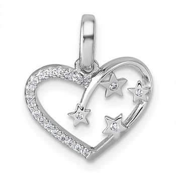 Sterling Silver Rhodium-plated CZ Polished Open Heart with Stars Pendant