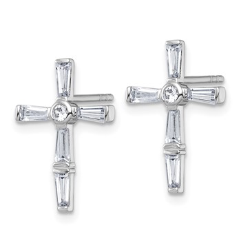 Sterling Silver Rhodium-plated Polished White Baguette CZ Cross Post Earrings — alternate view