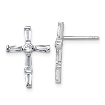 Sterling Silver Rhodium-plated Polished White Baguette CZ Cross Post Earrings