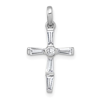 Sterling Silver Rhodium-plated Polished White Baguette CZ Cross Pendant