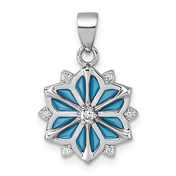 Sterling Silver Rhodium-plated Blue Enamel and White CZ Snowflake Pendant