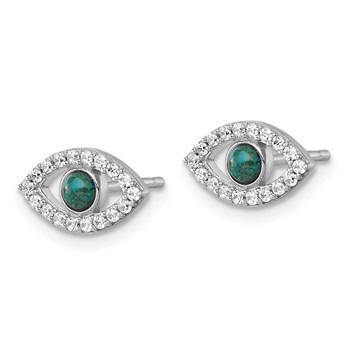 Sterling Silver Rhodium-plated Polished CZ and Compressed Turquoise Cabochon Evil Eye Post Earrings — alternate view
