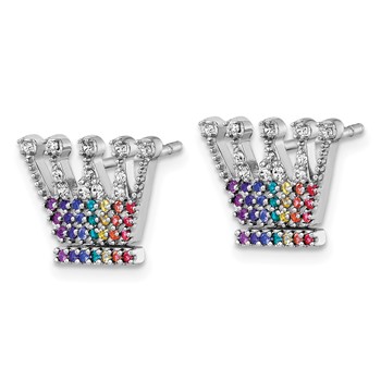 Sterling Silver Rhodium-plated Polished Rainbow Nano Crystals Crown Post Earrings — alternate view