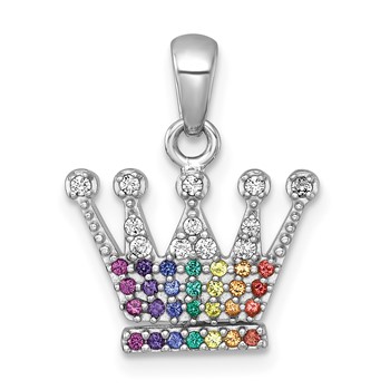 Sterling Silver Rhodium-plated Polished Rainbow Nano Crystals Crown Pendant