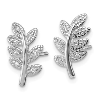 Sterling Silver Rhodium-plated Polished CZ Leaf Post Earrings — alternate view