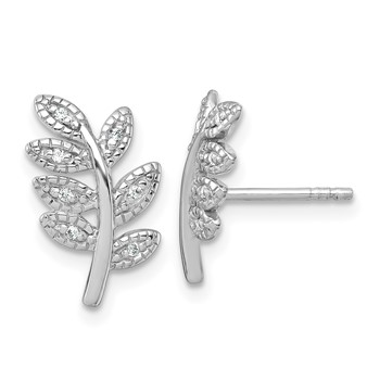 Sterling Silver Rhodium-plated Polished CZ Leaf Post Earrings