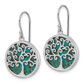 Sterling Silver Rhodium-plated Polished Compressed Turquoise Tree Of Life Shepherd Hook Earrings — alternate view