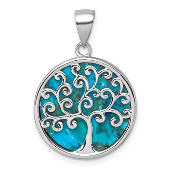 Sterling Silver Rhodium-plated Polished Compressed Turquoise Tree Of Life Pendant
