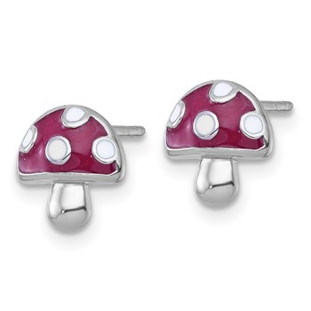 Sterling Silver Rhodium-plated Polished Red and White Enameled Mushroom Post Earrings — alternate view