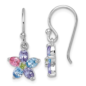 "Sterling Silver Rhodium-plated Polished Purple, Pink, Blue and Green CZ Flower Dangle Shepherd Hook Earrings"