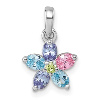 "Sterling Silver Rhodium-plated Polished Purple, Pink, Blue and Green CZ Flower Pendant"