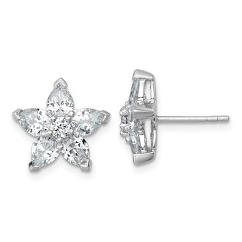 Sterling Silver Rhodium-plated Polished Round and Pear CZ Flower Post Earrings