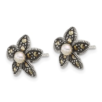 Sterling Silver Antiqued Marcasite and Freshwater Cultured Pearl Fancy Flower Post Earrings — alternate view