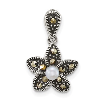 Sterling Silver Antiqued Marcasite and Freshwater Cultured Pearl Fancy Flower Pendant