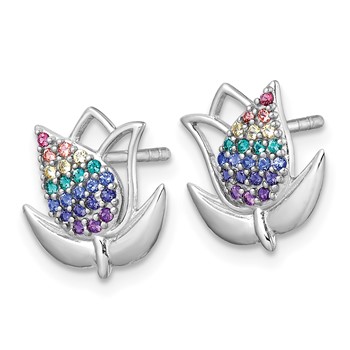 Sterling Silver Rhodium-plated Polished Rainbow Nano Crystals Tulip Post Earrings — alternate view