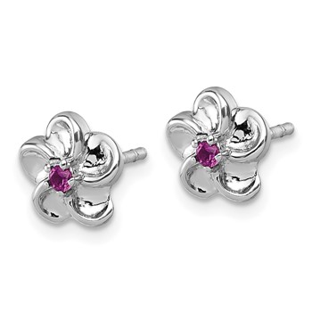 Sterling Silver Rhodium-plated Polished Red CZ Flower Post Earrings — alternate view