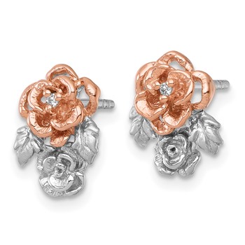 Sterling Silver Rhodium-plated and Rose Gold-plated CZ Flowers Post Earrings — alternate view