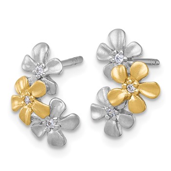 Sterling Silver Rhodium-plated and Gold-plated with CZ Three Flowers Post Earrings — alternate view