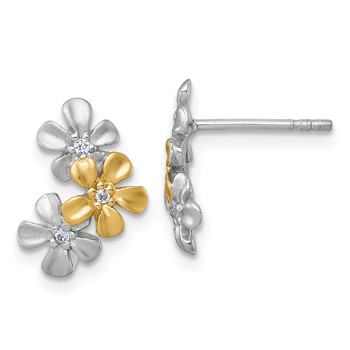 Sterling Silver Rhodium-plated and Gold-plated with CZ Three Flowers Post Earrings