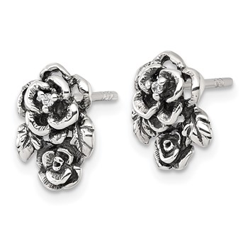 Sterling Silver Antiqued Polished CZ Flowers Post Earrings — alternate view