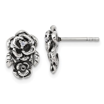 Sterling Silver Antiqued Polished CZ Flowers Post Earrings