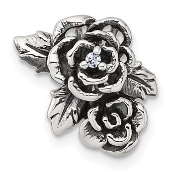 Sterling Silver Antiqued Polished CZ Flowers Chain Slide Pendant