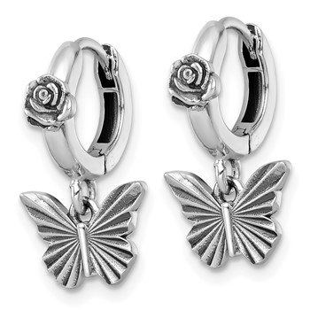 Sterling Silver Antiqued Textured Butterfly Dangle With Flower Hinged Hoop Earrings — alternate view