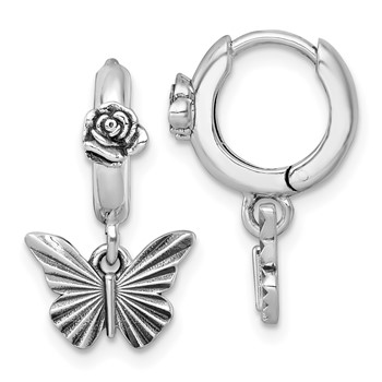 Sterling Silver Antiqued Textured Butterfly Dangle With Flower Hinged Hoop Earrings