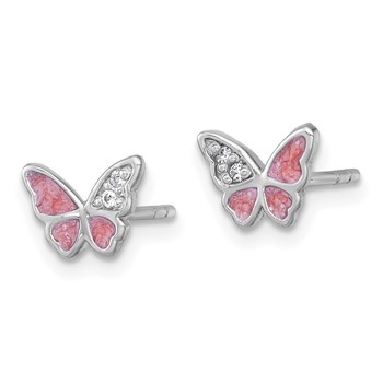 Sterling Silver Rhodium-plated Polished CZ and Pink Enamel Butterfly Post Earrings — alternate view