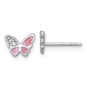 Sterling Silver Rhodium-plated Polished CZ and Pink Enamel Butterfly Post Earrings