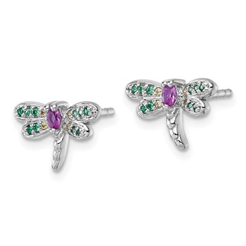 "Sterling Silver Rhodium-plated Polished Green, Yellow and Pink CZ Dragonfly Post Earrings" — alternate view