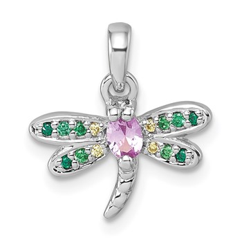 "Sterling Silver Rhodium-plated Polished Green, Yellow and Pink CZ Dragonfly Pendant"