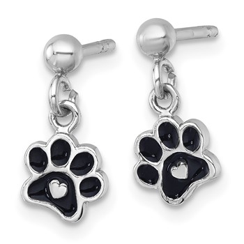 Sterling Silver Rhodium-plated Polished Black Enamel Paw Print with Heart Dangle Post Earrings — alternate view