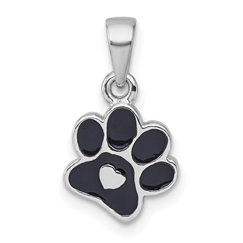 Sterling Silver Rhodium-plated Polished Black Enamel Paw Print with Heart Pendant