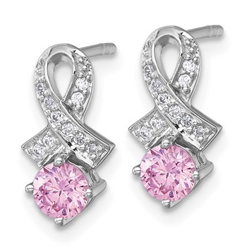 Sterling Silver Rhodium-plated Polished Round Pink and White CZ Awareness Ribbon Post Earrings — alternate view