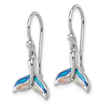 Sterling Silver Rhodium-plated Polished Lab Created Opal Whale Tail Dangle Shepherd Hook Earrings — alternate view
