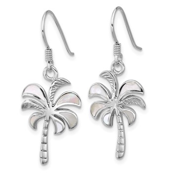 Sterling Silver Rhodium-plated Polished Mother of Pearl Palm Tree Dangle Shepherd Hook Earrings — alternate view