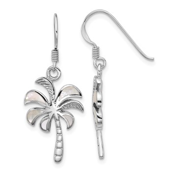 Sterling Silver Rhodium-plated Polished Mother of Pearl Palm Tree Dangle Shepherd Hook Earrings