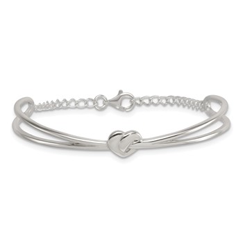 Sterling Silver Polished Twisted Heart Childrens Cuff Bracelet with Safety Chain — alternate view