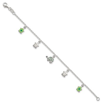 Sterling Silver Polished Green Enamel Turtles Childrens 6 inch Bracelet — alternate view
