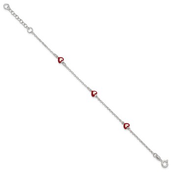 Sterling Silver Polished Red and White Enameled Hearts 6 inch with 1 inch extension Childrens Bracelet — alternate view