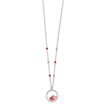 Sterling Silver Polished Beaded Red and Pink Enameled Hearts in Circle Childrens 14 inch Necklace — alternate view