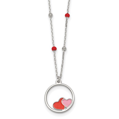 Sterling Silver Polished Beaded Enamel Hearts Circle 14 Inch Necklace