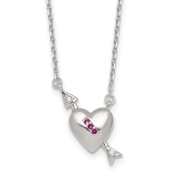 Sterling Silver Polished Pink and White CZ Heart and Arrow 16 inch with 2 inch Extension Necklace