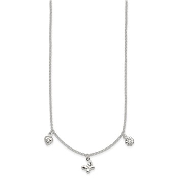 Sterling Silver Polished White CZ Heart/Flower/Butterfly Childrens 14 inch with 1 inch Extension Necklace — alternate view