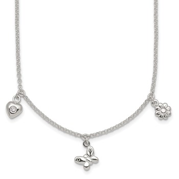 Sterling Silver Polished White CZ Heart/Flower/Butterfly Childrens 14 inch with 1 inch Extension Necklace